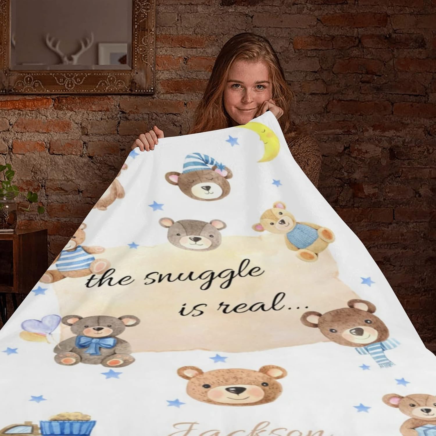 Eyesoul Manta de bebé con nombre, manta personalizada con patrón de oso para niños, regalos personalizados para cama de niños, manta súper suave