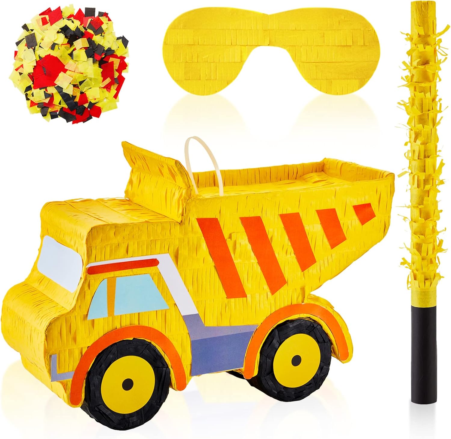 Piñata de camión volquete para niños, suministros de fiesta de cumpleaños, recuerdos de fiesta de construcción, palito de piñata y confeti vendado