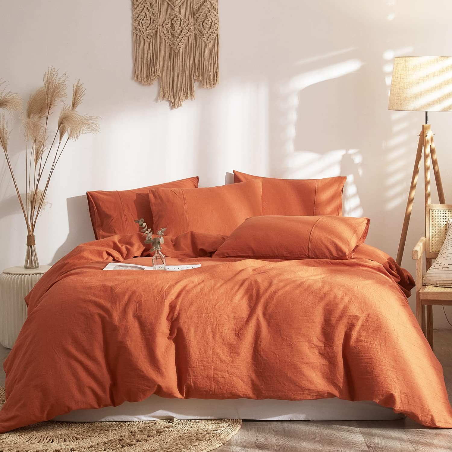 Ivellow Funda de edredón de lino naranja quemado, tamaño Queen, 100% lino francés lavado, funda de edredón de lino puro, tamaño Queen, suave,