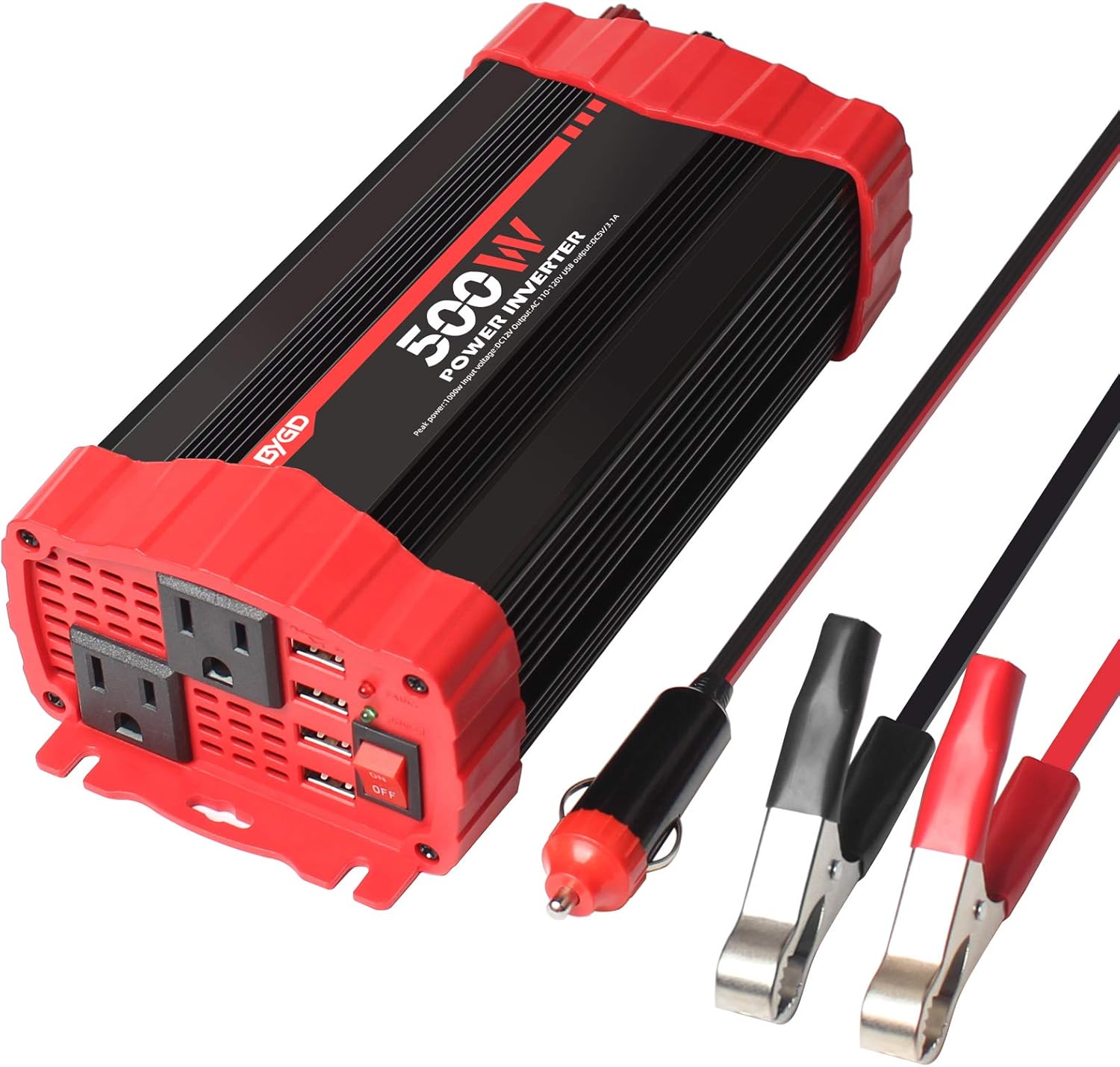 BYGD Inversor de corriente de automóvil de 500 W convertidor de corriente continua de 12 V a 110 V doble toma de corriente con 31 A 4 puertos USB BYGD Inversor de corriente de automóvil de 500 W convertidor de corriente continua de 12 V a 110 V doble toma de corriente con 31 A 4 puertos USB