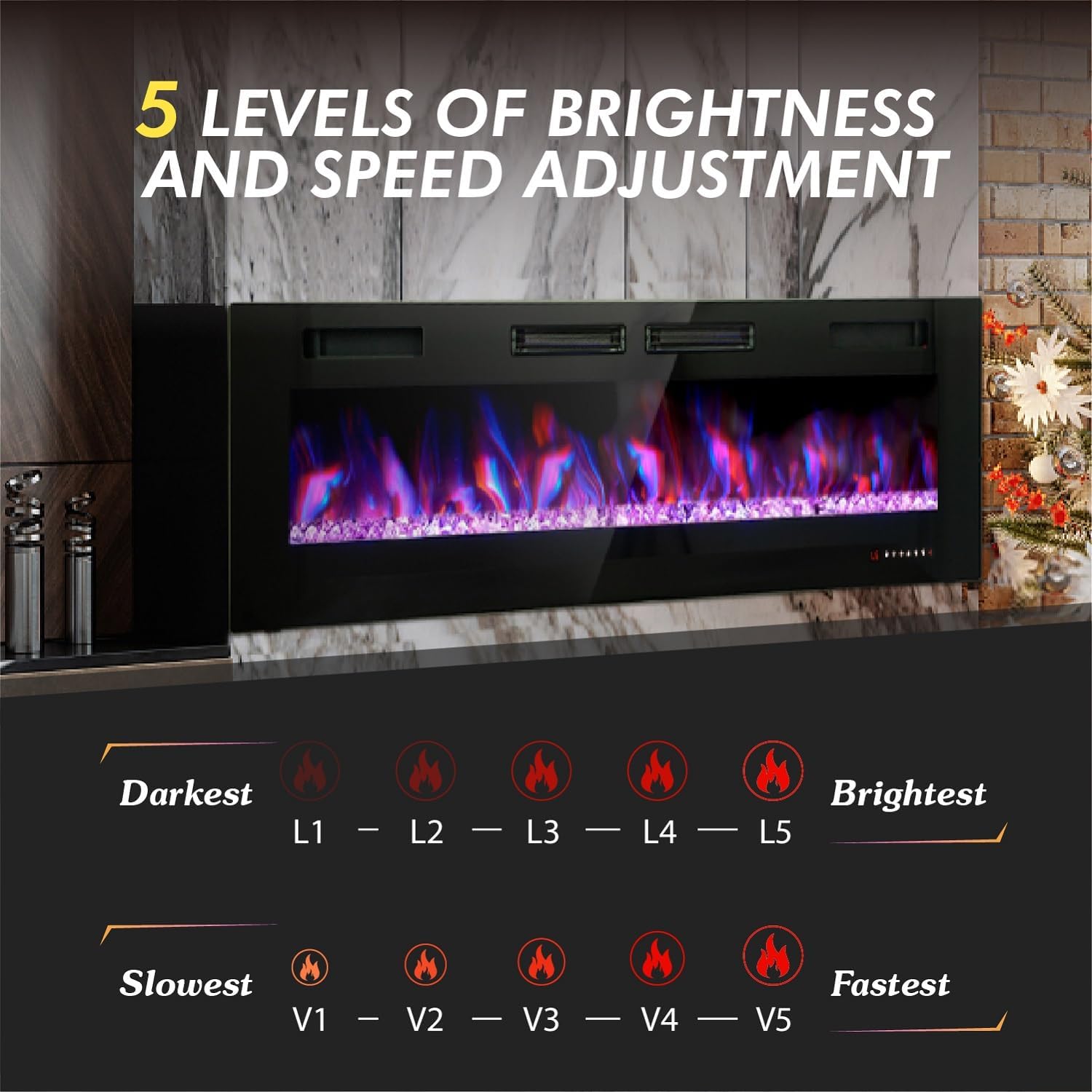 MFSTUDIO Chimenea eléctrica de 72 pulgadas con control remoto y pantalla táctil, calentador de chimenea empotrado y montado en la pared, chimenea