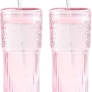 GOSCHE Vasos de vidrio con pajitas y tapas, 2 unidades, tarro de bebida de 20 onzas, tazas de café helado, tazas de vidrio ondulado vintage para GOSCHE Vasos de vidrio con pajitas y tapas, 2 unidades, tarro de bebida de 20 onzas, tazas de café helado, tazas de vidrio ondulado vintage para
