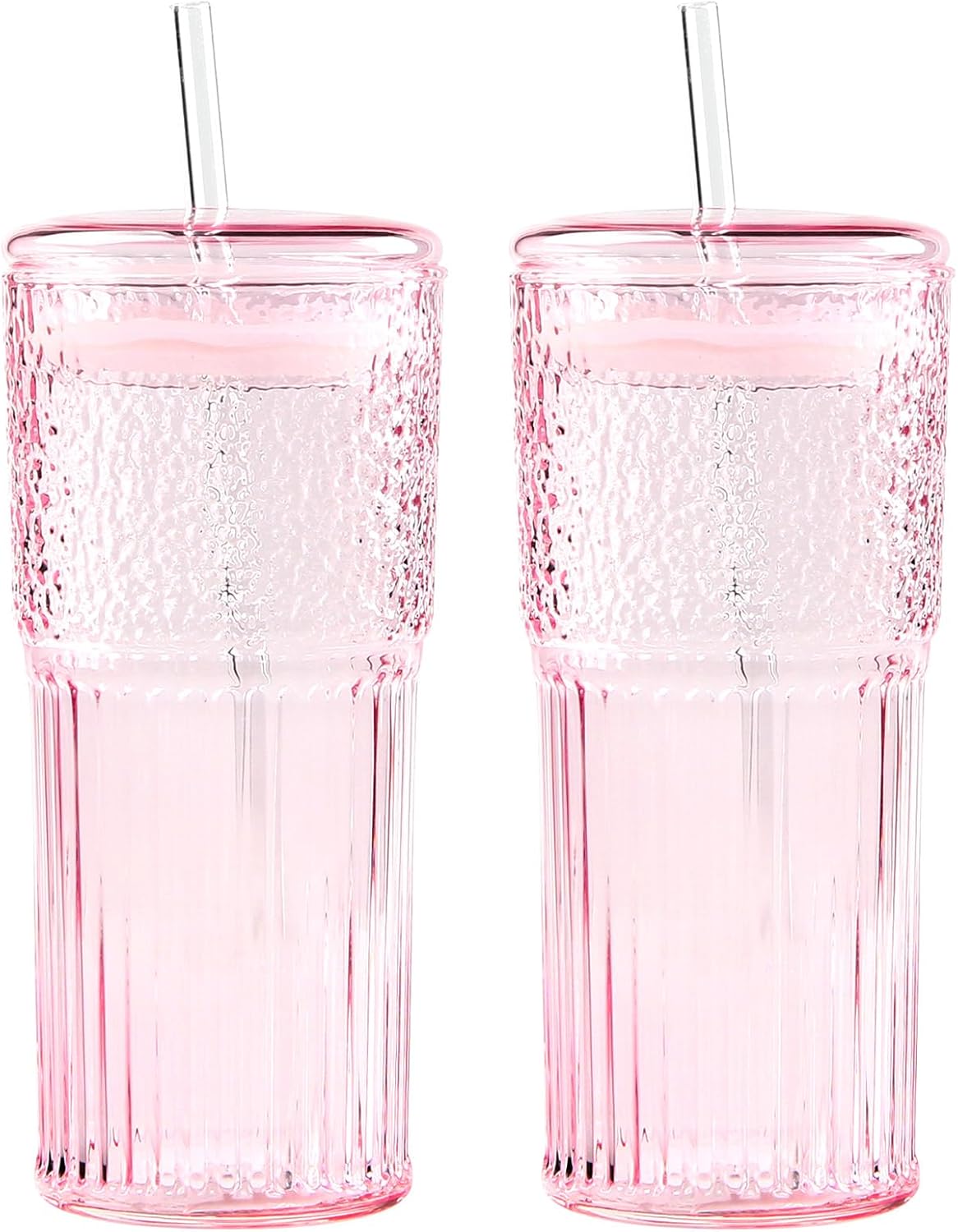 GOSCHE Vasos de vidrio con pajitas y tapas, 2 unidades, tarro de bebida de 20 onzas, tazas de café helado, tazas de vidrio ondulado vintage para