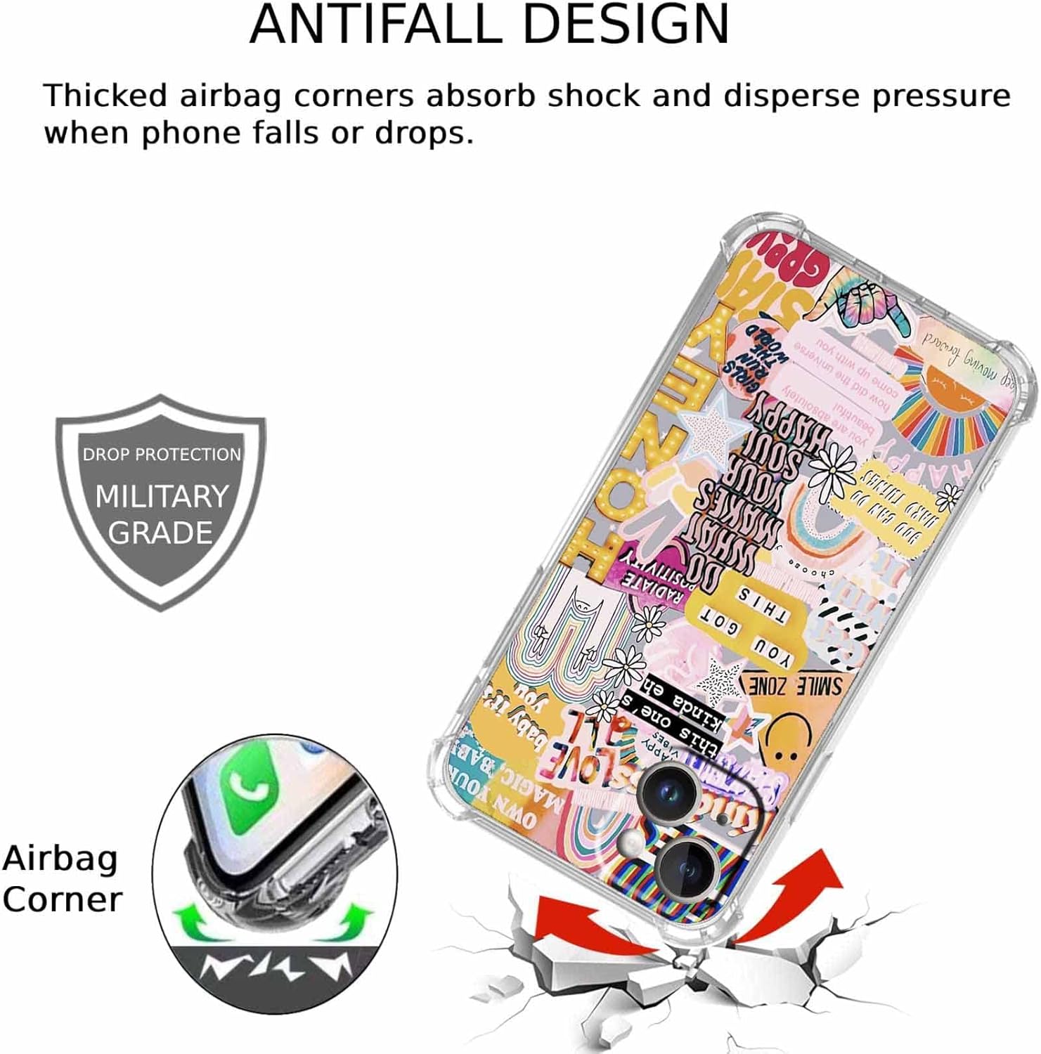 Funda con diseño de collage de citas positivas para iPhone 14 Plus, funda hippie de patrón estético indie para adolescentes y mujeres, funda única