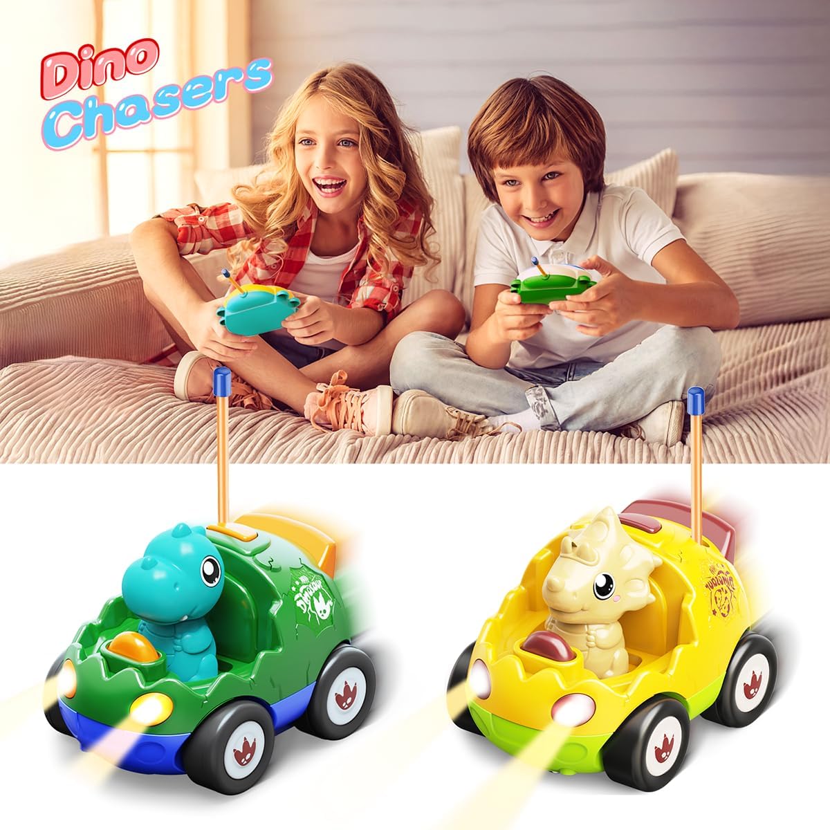 Paquete de 2 autos a control remoto para niños de 2, 3, 4, 5 años, juguetes de dinosaurios para niños pequeños con música, luces y efecto de sonido,