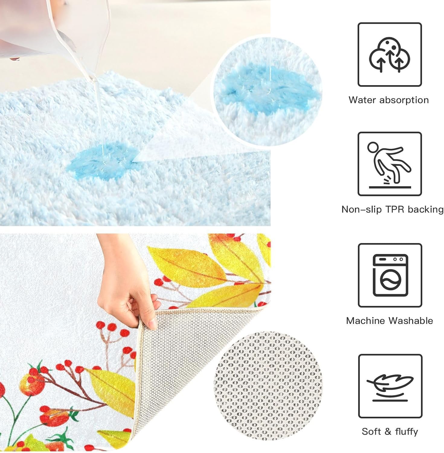 Bathroom Rugs Sets 2 Piece 24×16+24×20 Inch,Soft U-Shaped Contour Toilet Rug Autumn Leaves Berry Non-Slip Absorbent Bath Floor Mat Carpet Set Water