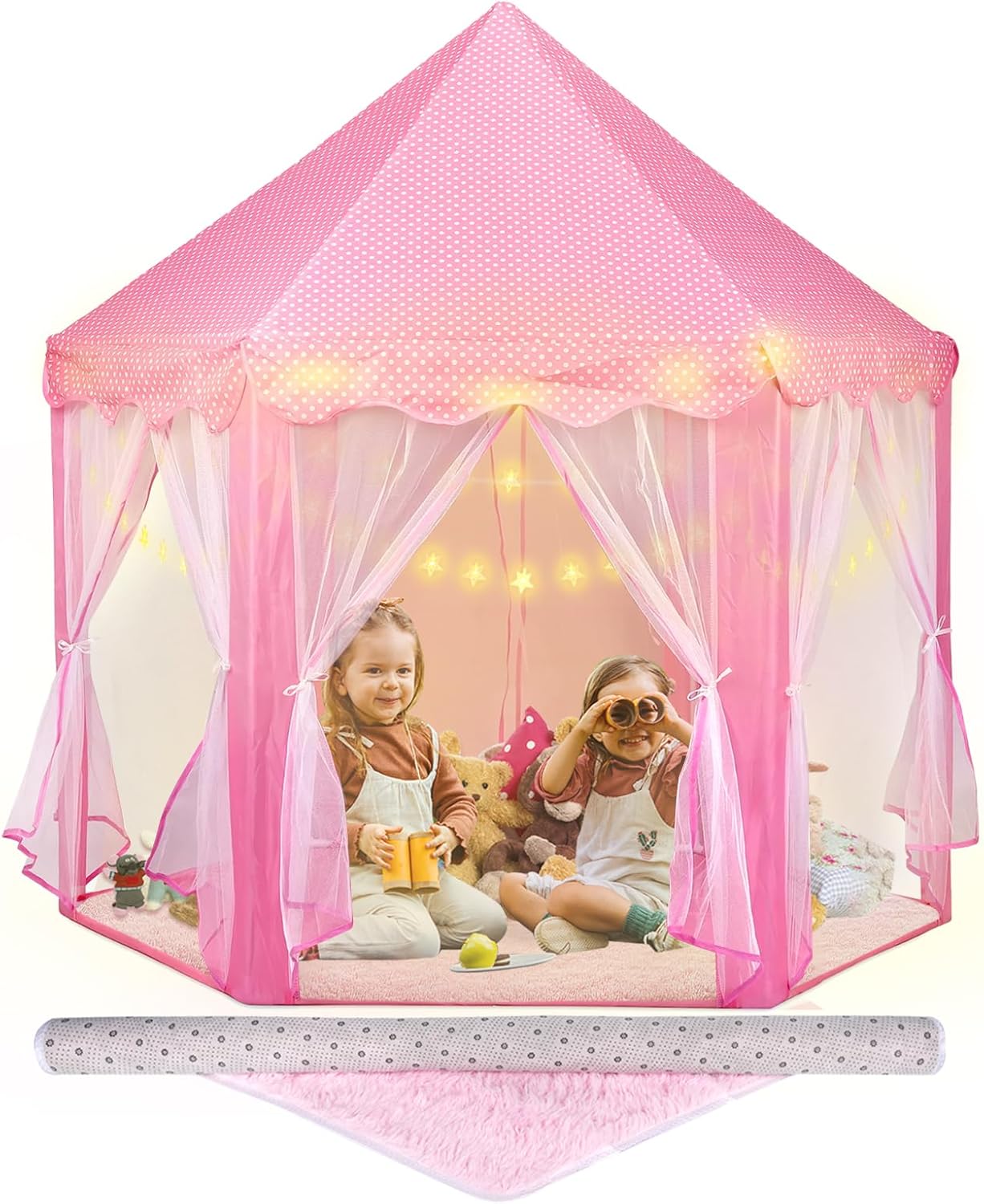Tienda de campaña de princesa con alfombra y luces LED de estrella, tienda de campaña de juego de castillo de princesa para niñas, niños o niños