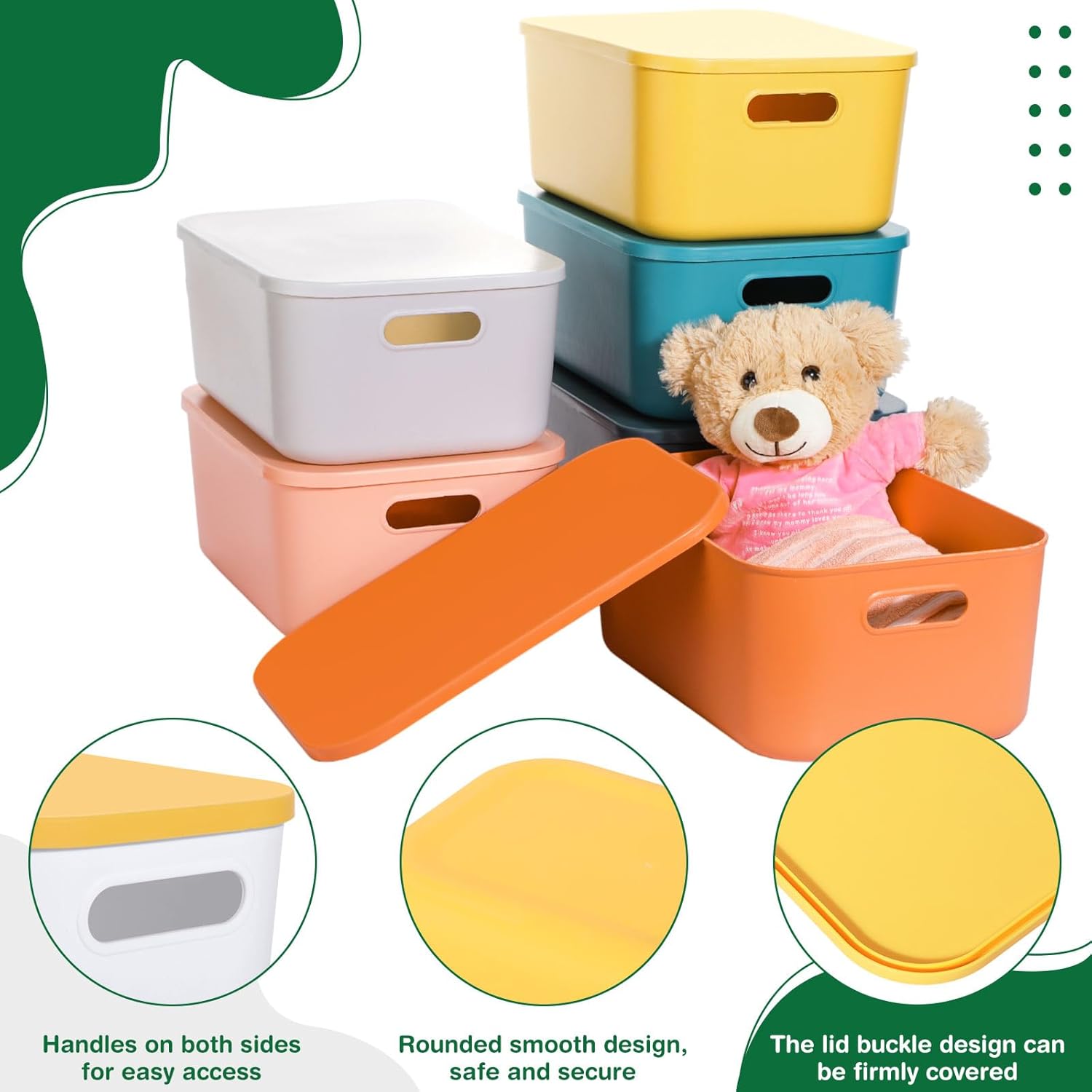 6 contenedores de almacenamiento de plástico coloridos de 14 pulgadas, 6 colores, apilables, de gran capacidad, caja de almacenamiento de plástico