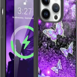 OOK Funda magnética para iPhone 15 Pro Max con purpurina morada, diseño espacial de nebulosa de mariposa compatible con MagSafe PC duro + TPU suave OOK Funda magnética para iPhone 15 Pro Max con purpurina morada, diseño espacial de nebulosa de mariposa compatible con MagSafe PC duro + TPU suave