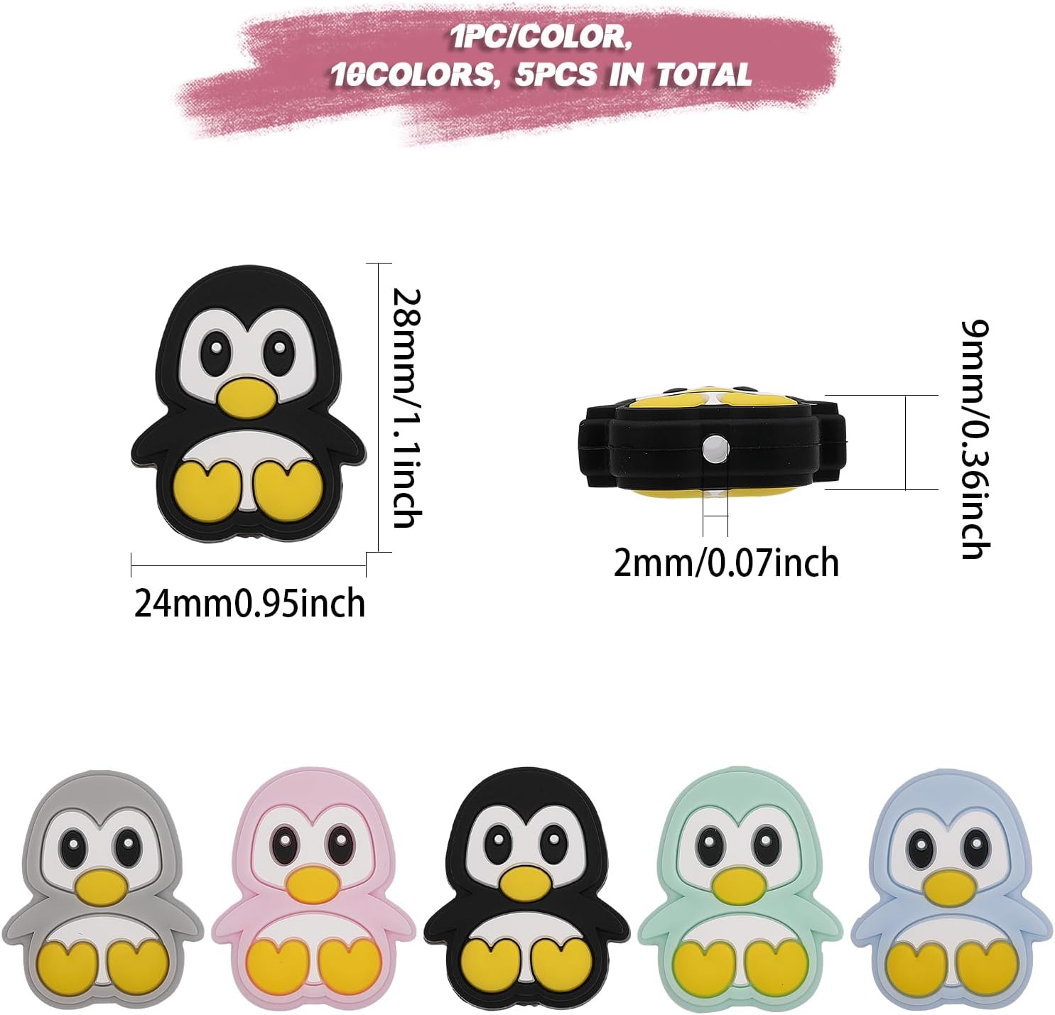 CHGCRAFT 10 cuentas de silicona con forma de pingüino de 5 colores, cuentas espaciadoras de pingüino para bricolaje, collares, pulseras, llaveros