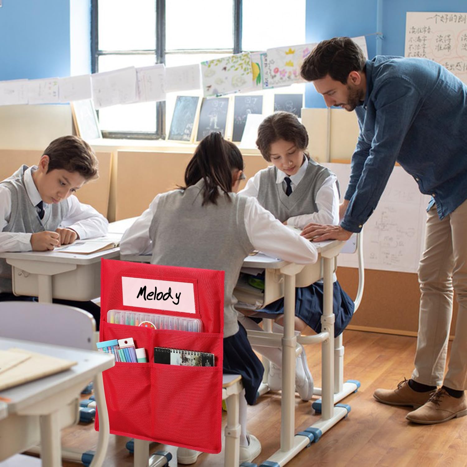 Chairback Buddy – Tabla de bolsillo para silla de estudiante, bolsillos para silla de clase, bolsillos para silla de clase, 1 etiqueta de nombre de