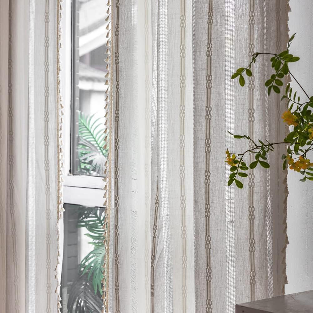 TOPSMCHER Cortinas bohemias para sala de estar, 63 pulgadas, cortinas filtrantes para dormitorio, cortinas rústicas de lino de algodón con bordado,