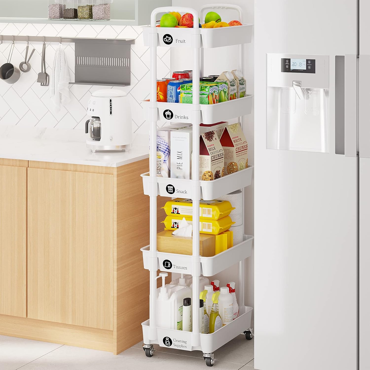 Carrito de almacenamiento de 5 niveles, carrito multifuncional con ruedas para baño, lavandería, con calcomanías clasificadas, color blanco