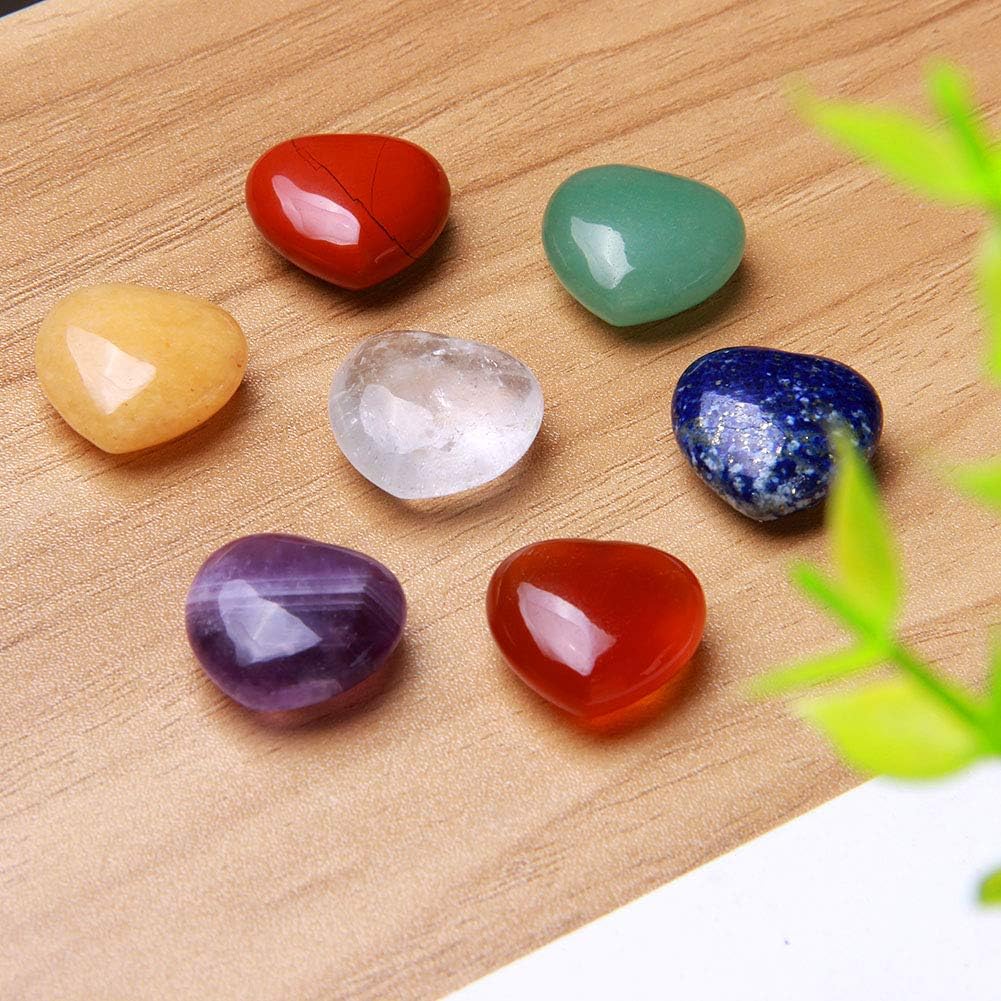 Juego de 7 piedras de chakra, piedras en forma de corazón de cristal curativo de Reiki, Piedra