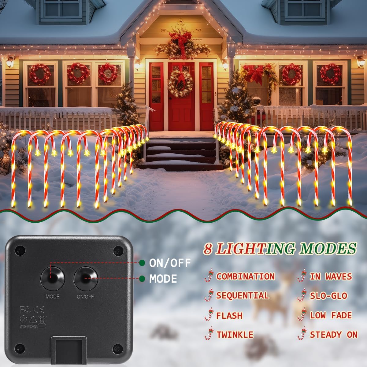24 decoraciones navideñas para exteriores, 144 luces LED solares de bastón de caramelo para decoración de Navidad, 8 modos de luces solares de