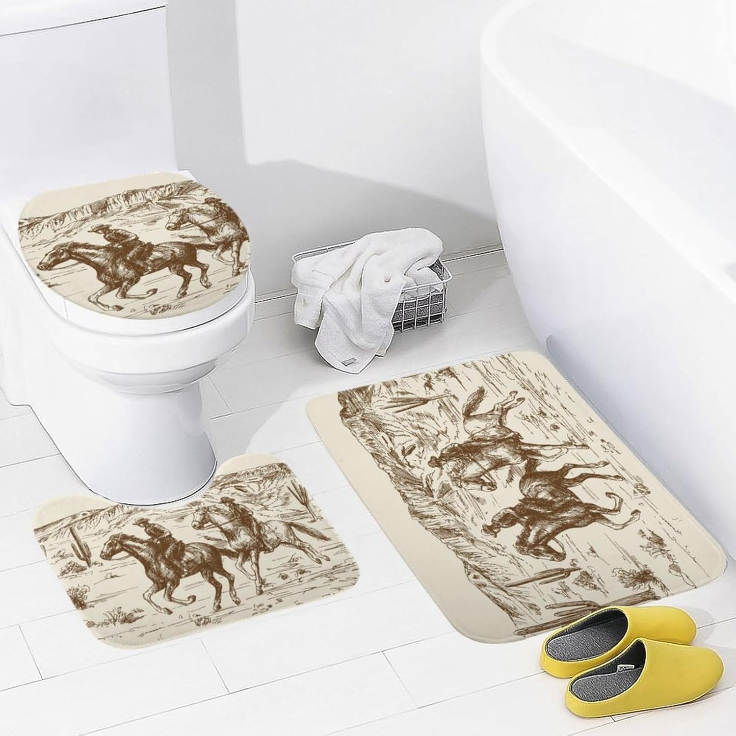 American Wild West Cowboys – Juego de 3 alfombras de baño de terciopelo coral con temática de país occidental, antideslizante, absorbente, en forma