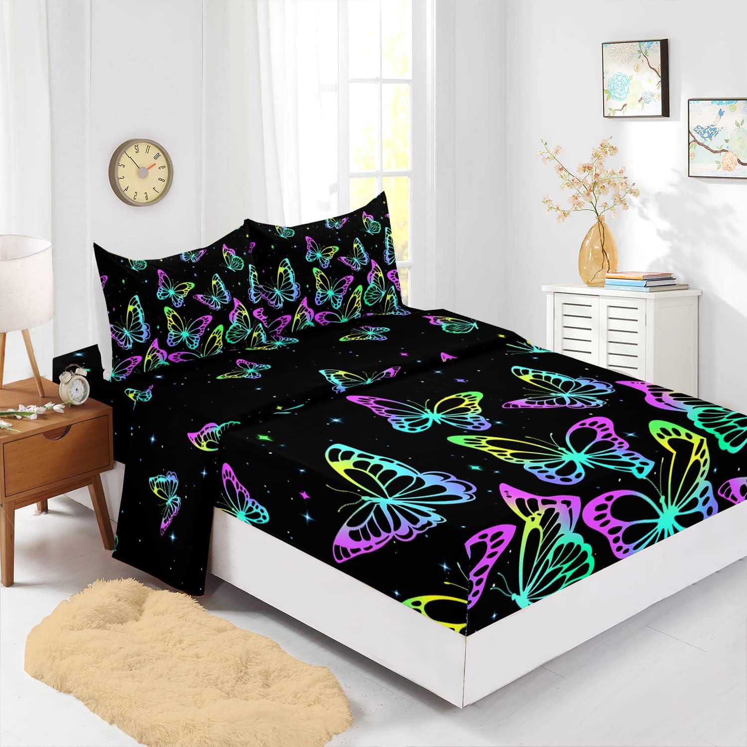 CVHouse Juego de sábanas de mariposa neón, tamaño individual, 1 sábana encimera y 1 sábana bajera con 2 fundas de almohada, 4 piezas