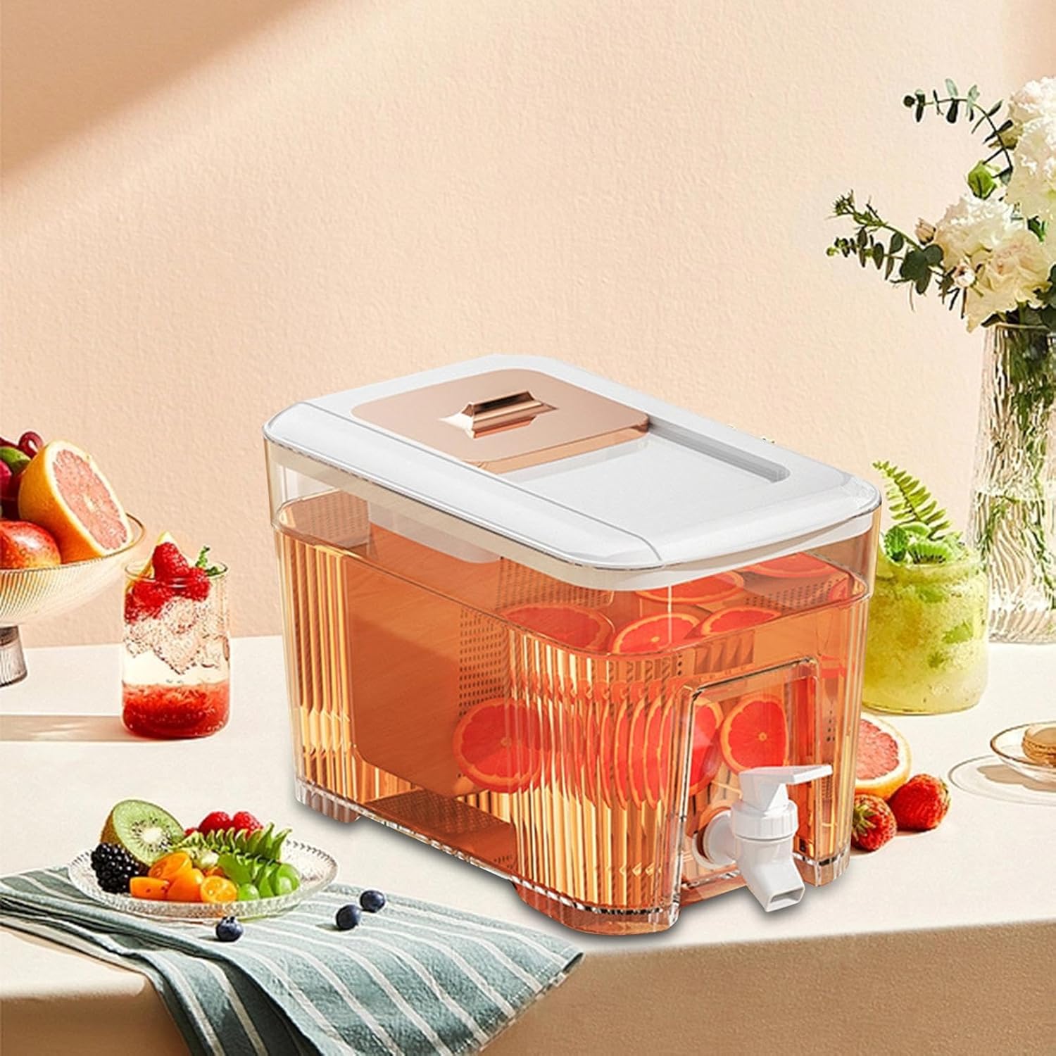 Dispensador de jugo helado de 6 litros, con tapa pequeña, dispensador de bebidas para refrigerador, soporte transparente y resistente, jarra de té