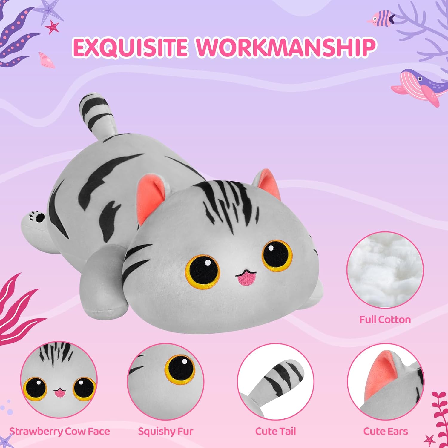 Linda almohada de felpa con diseño de gato, juguetes de peluche Kawaii a rayas grises de gato, peluches esponjosos, almohada corporal para niños y