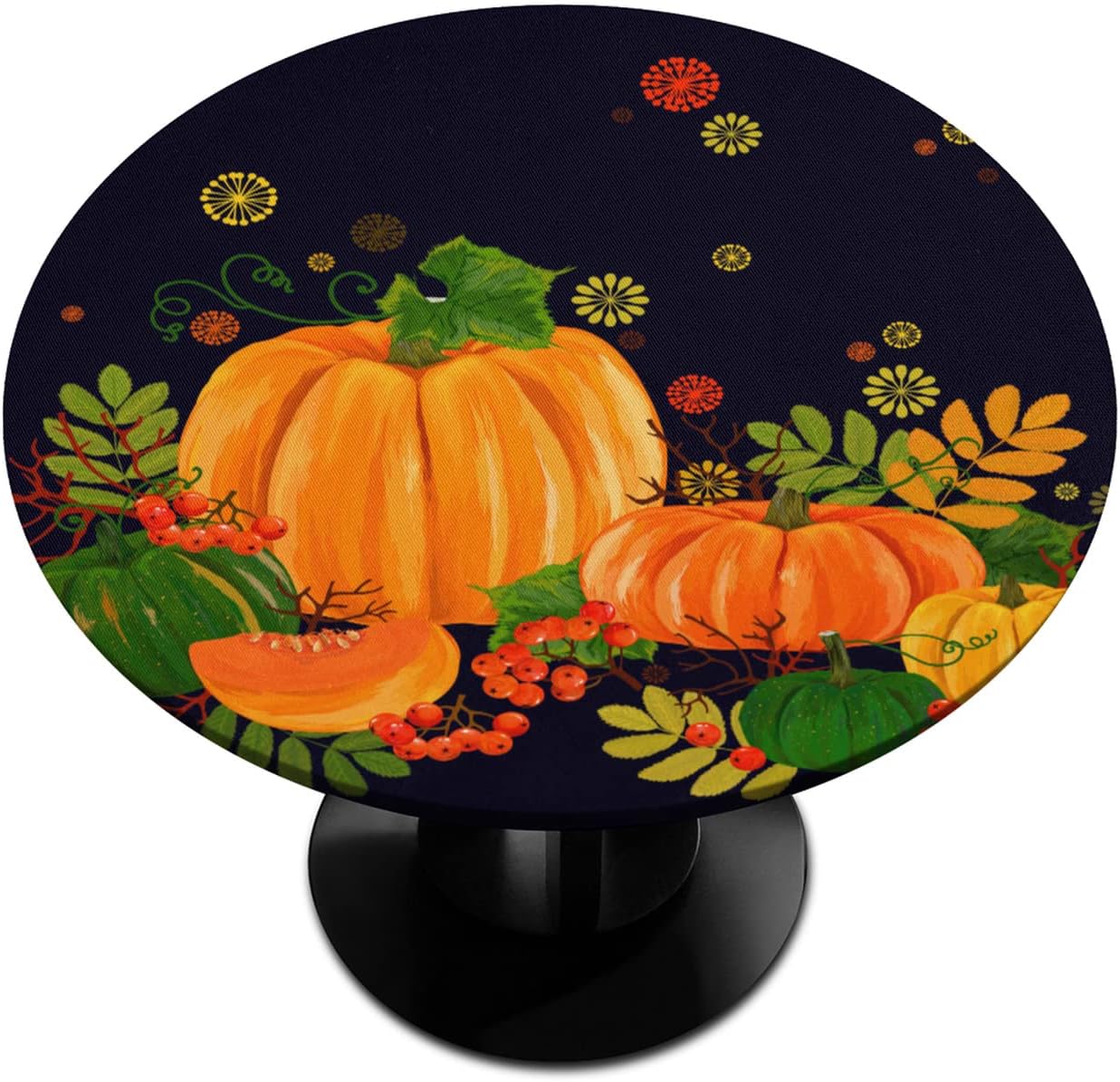 Mantel redondo ajustado con diseño de hojas de otoño y calabazas, resistente a la decoloración, antiencogimiento, lavable para decoración de