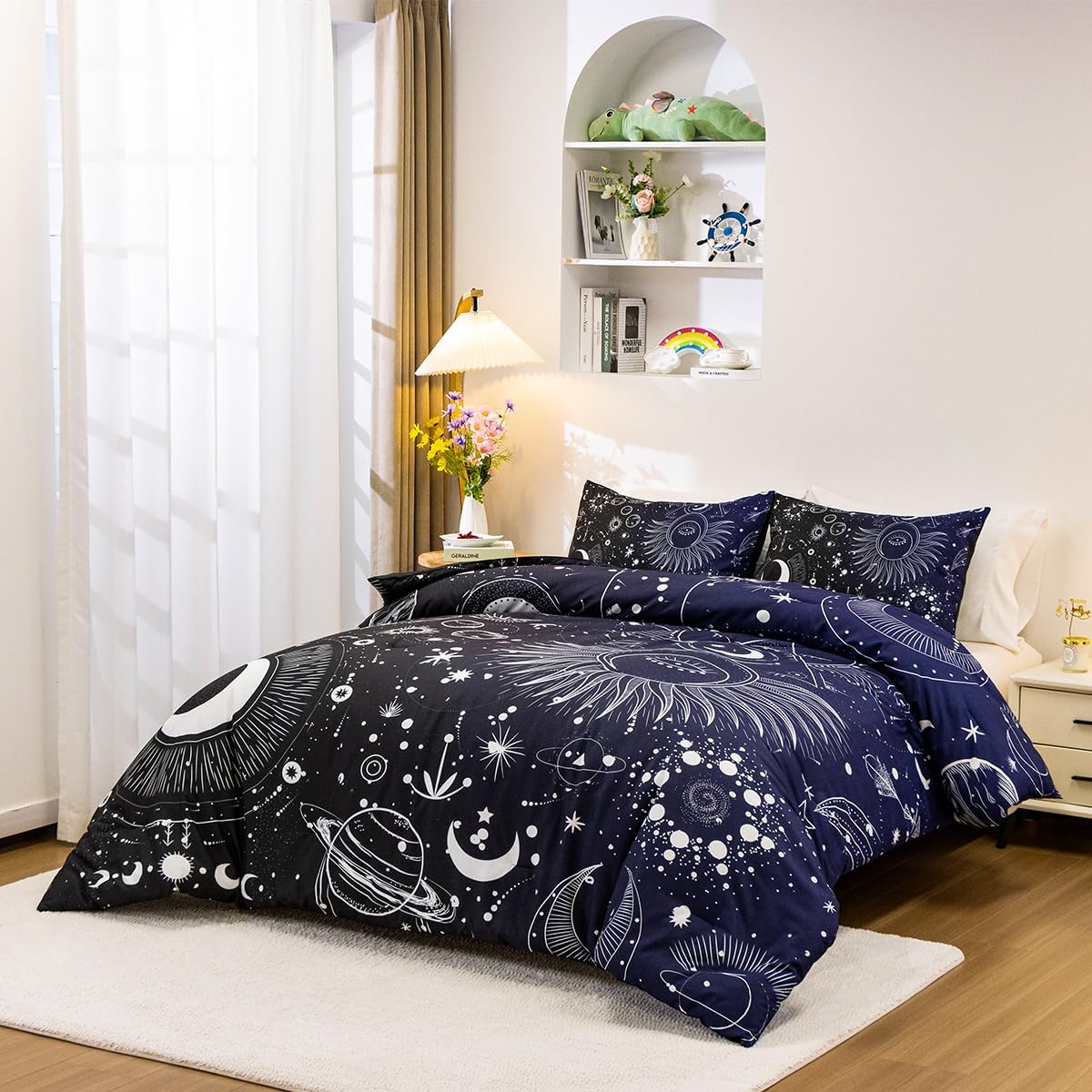 Holawakaka Juego de edredón con estampado de constelaciones de estrellas, luna, tamaño individual, para niñas y niños, juego de ropa de cama con