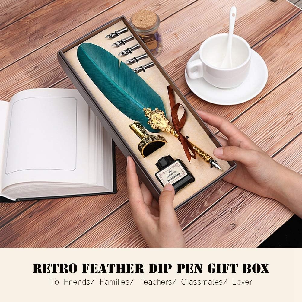 Zerone Juego de plumas retro, pluma estilográfica clásica europea, pluma de pavo real antiguo, pluma de metal con punta de pluma de escritura, caja