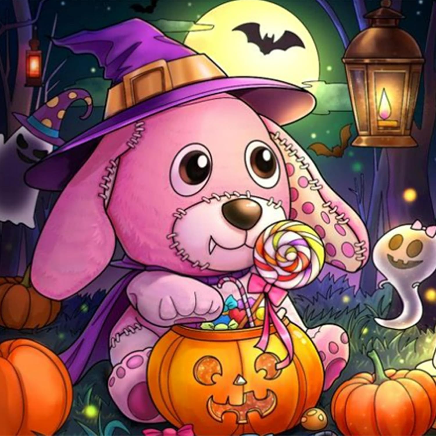 RICUVED Pintura artística de diamantes, kit de pintura de diamantes de conejo de Halloween para adultos, taladro redondo completo, calabazas de