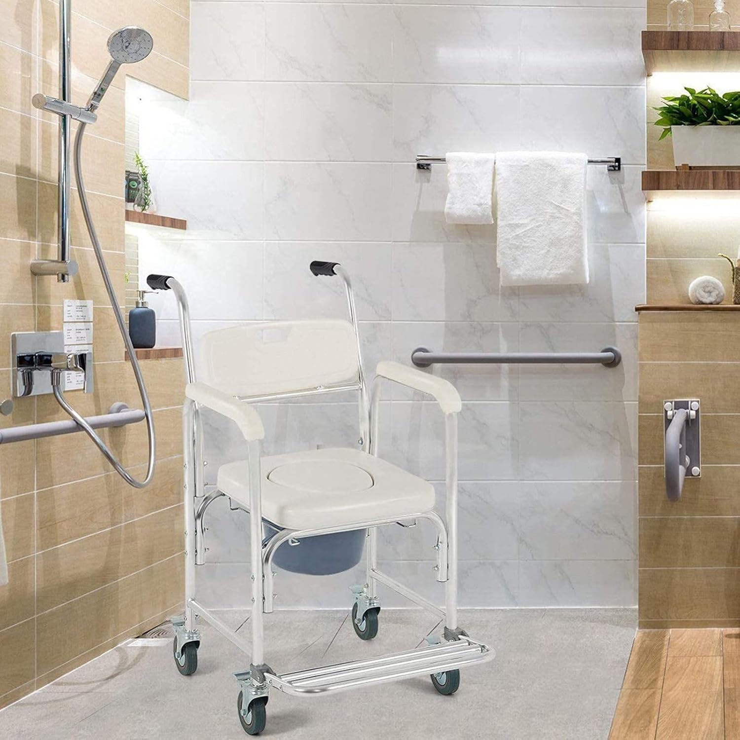 Silla cómoda con ruedas, silla de ruedas, silla de transporte, taburete de baño de 4 ruedas, frenos de 4 ruedasinodoro móvil con pedal plegable para