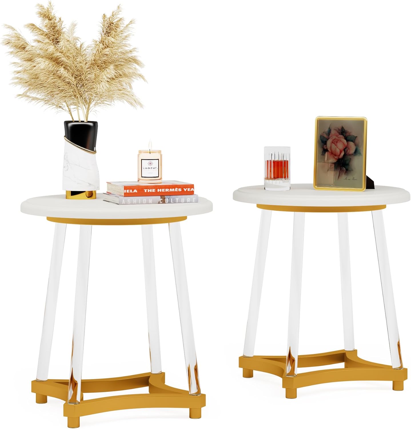 LITTLE TREE Mesa auxiliar redonda, moderna mesa auxiliar blanca con patas acrílicas, pequeña mesa redonda decorativa para espacios pequeños, sala de