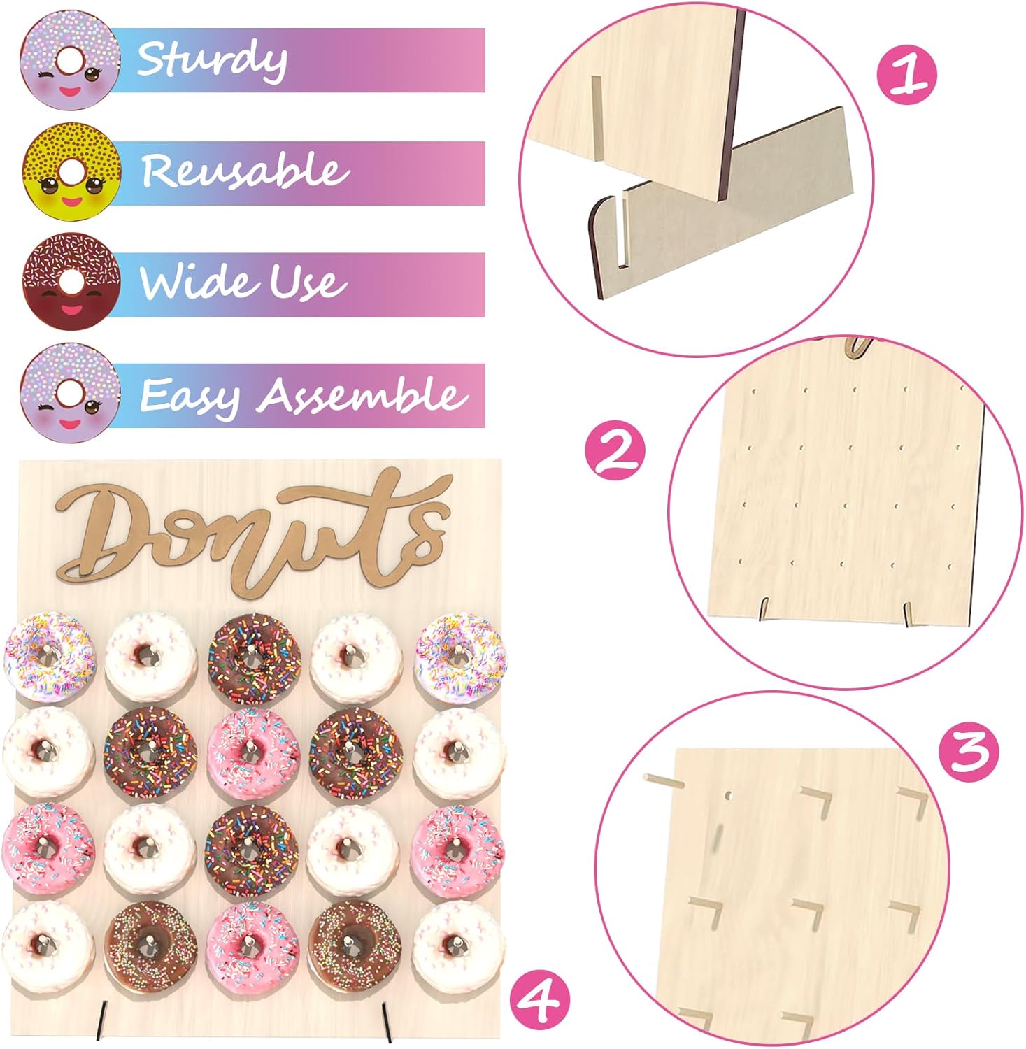 Soporte de pared para donas, 2 piezas de soporte de madera para donas, 40 donas, tablero de donas para donas, fiesta de crecimiento, cumpleaños,