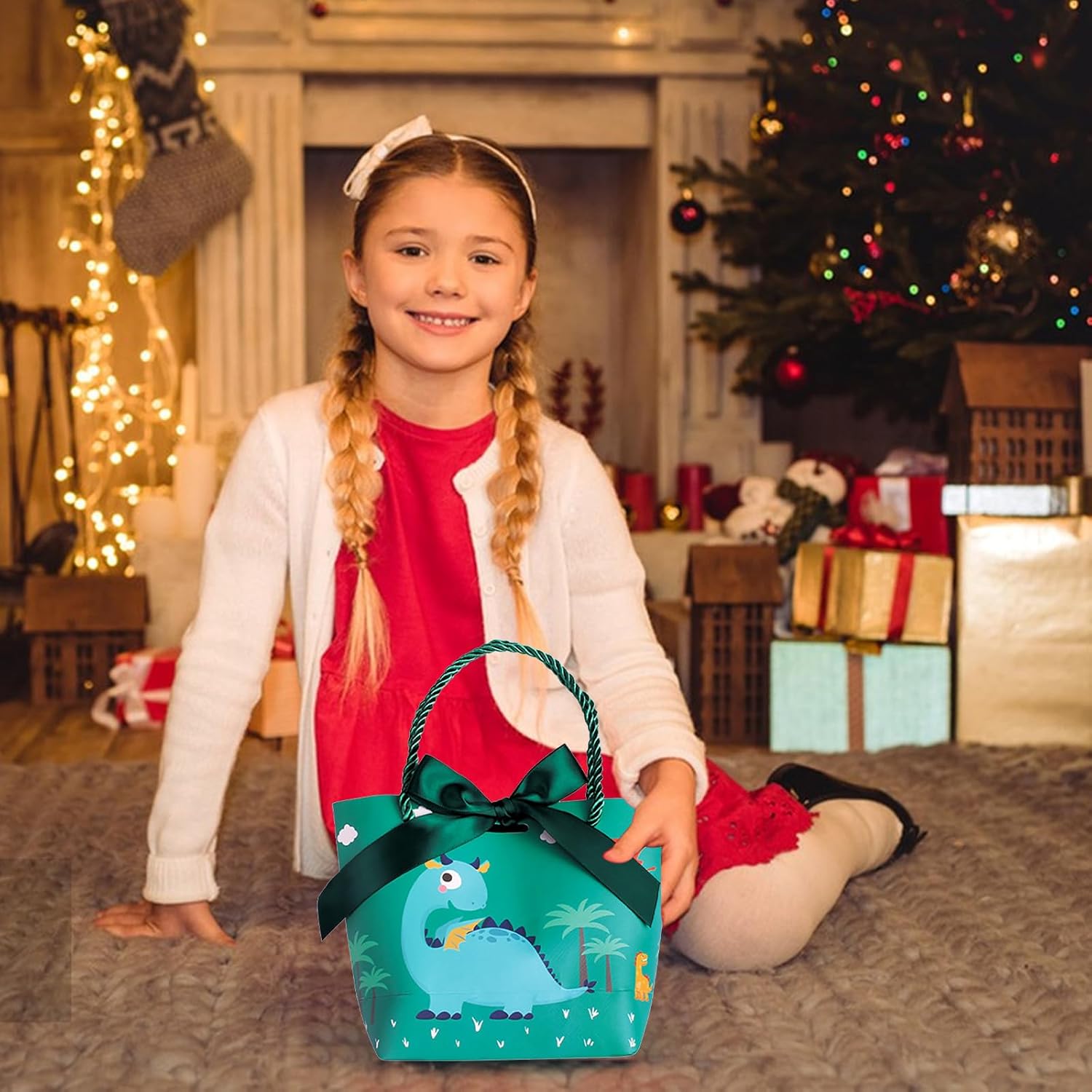 Paquete de 6 bolsas de regalo de dinosaurio con asas y lazo, bolsas de papel de dinosaurio verde para fiestas, suministros de fiesta para
