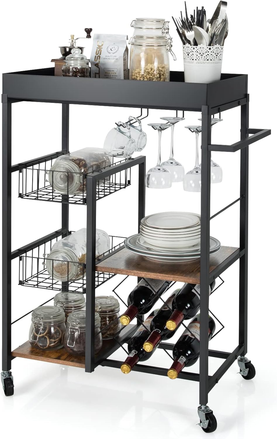 Giantex Carrito de isla de cocina con ruedas, carrito de servicio de bar móvil, con bandeja superior extraíble, estante para vino, soporte para
