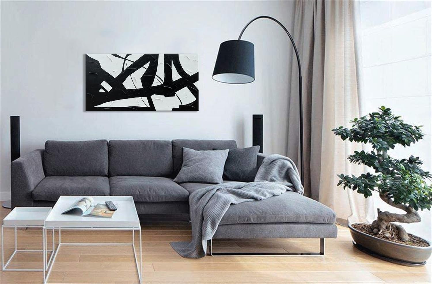 zoinart Lienzo pintado a mano en blanco y negro, 48 x 24 pulgadas, pinturas al óleo modernas, abstractas y modernas, arte de pared con textura