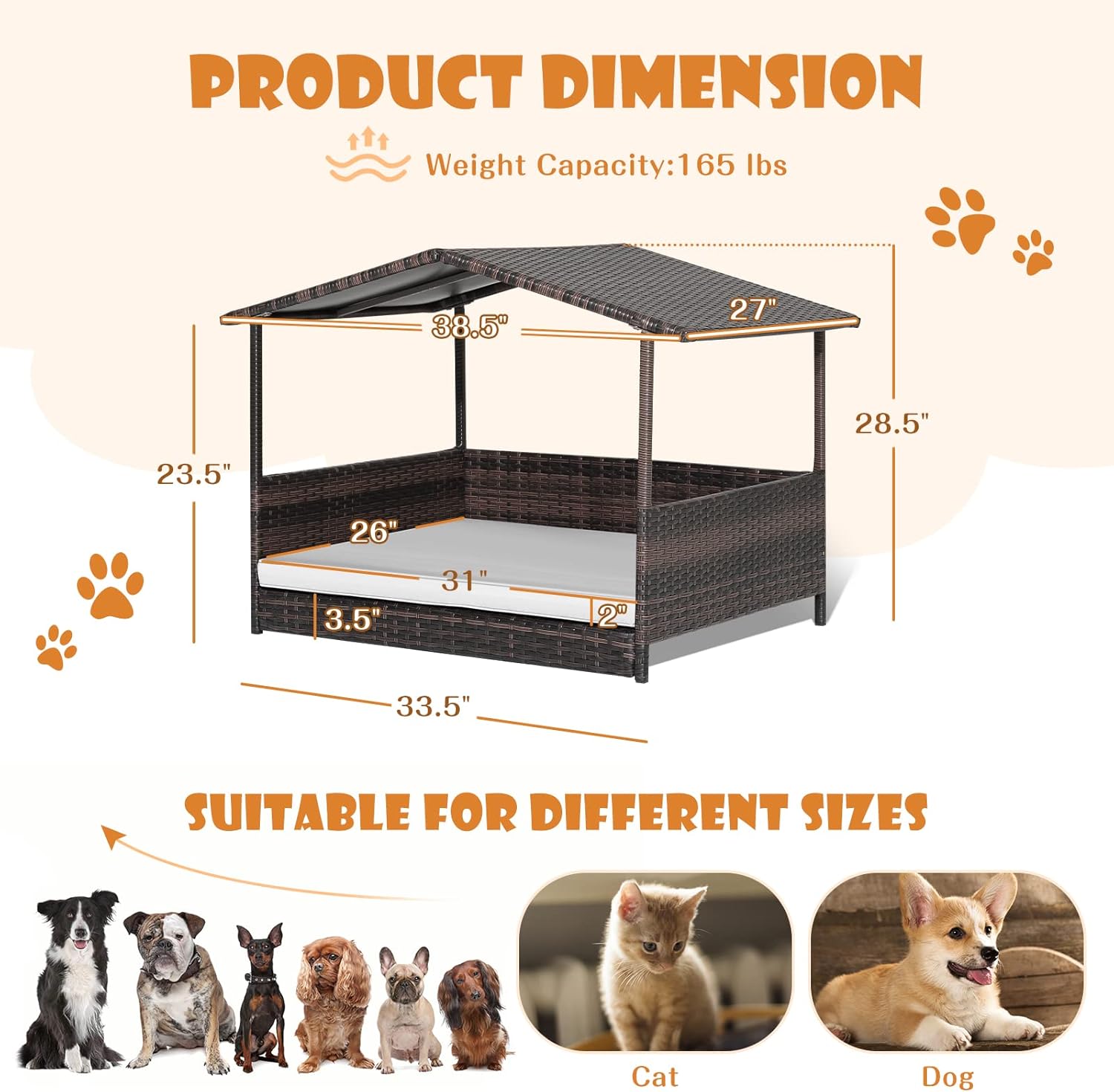 Giantex Casa de mimbre para perro, cama elevada de ratán para perros con techo impermeable, funda de cojín lavable, marco de acero, cama elevada