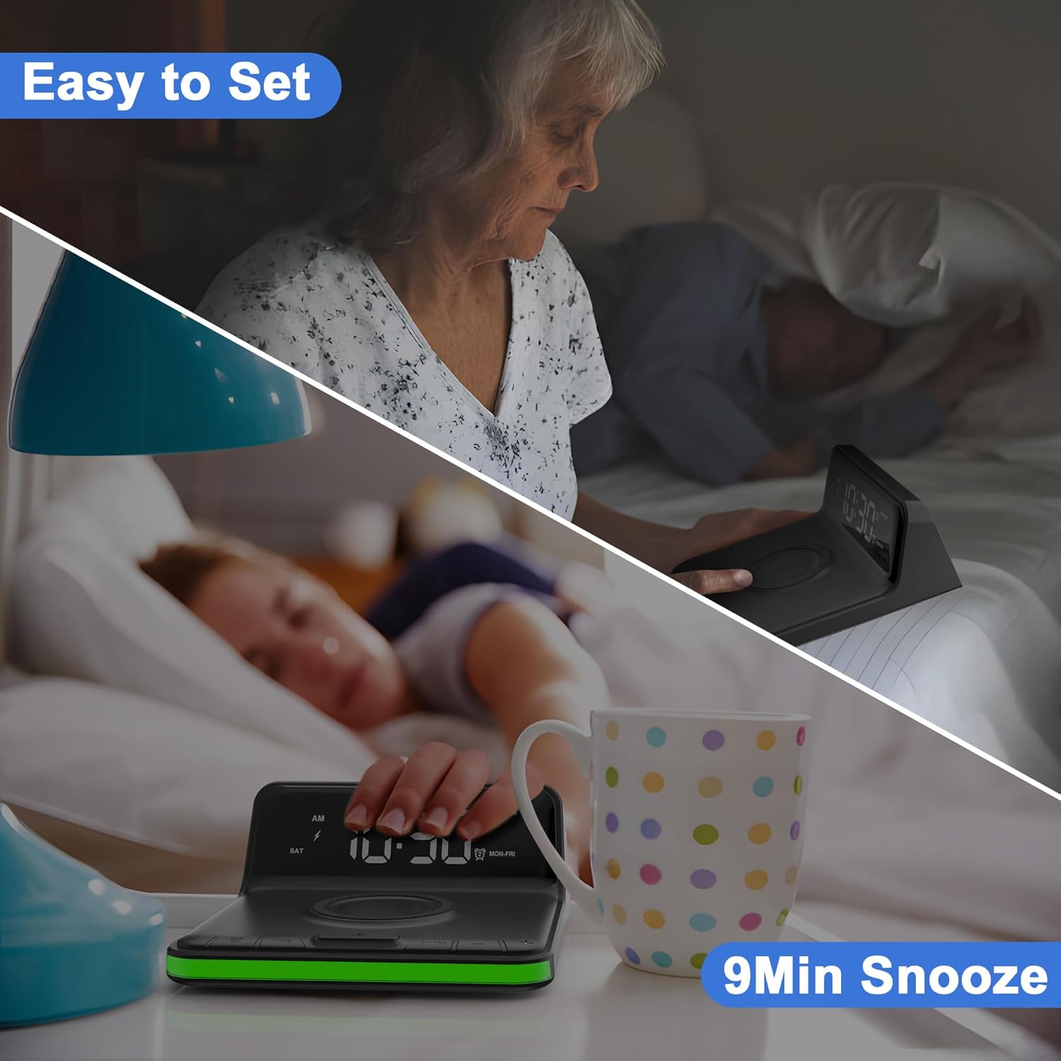 Te-Rich Reloj despertador fuerte para adultos que duermen pesados, reloj despertador con carga inalámbrica, USB y luces, alarma dual (7-5-2), 6