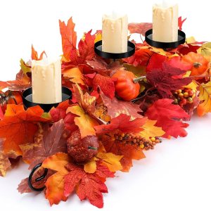 Portavelas de hojas de arce de Acción de Gracias con 3 luces LED, decoración de centro de mesa, portavelas de hojas de arce artificiales con Portavelas de hojas de arce de Acción de Gracias con 3 luces LED, decoración de centro de mesa, portavelas de hojas de arce artificiales con