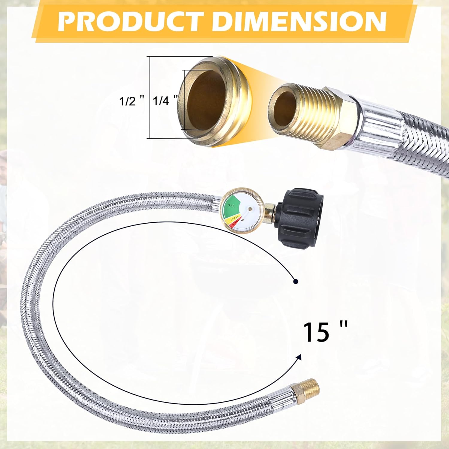 Mangueras de propano RV de 15 pulgadas con calibre, manguera trenzada de acero inoxidable para tanque de cámper, línea de manguera de propano para