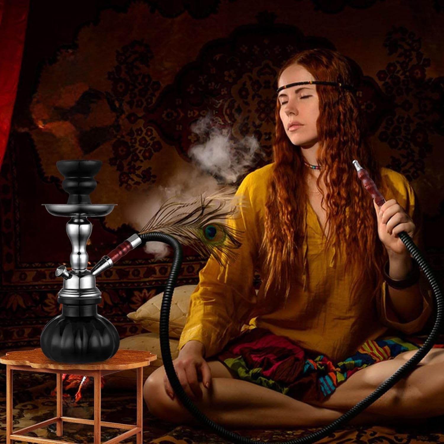 Juego completo de cachimba de 11 pulgadas con mini jarrón de cristal de cachimba de calabaza, cuenco de cerámica, manguera de mango de madera, pinza