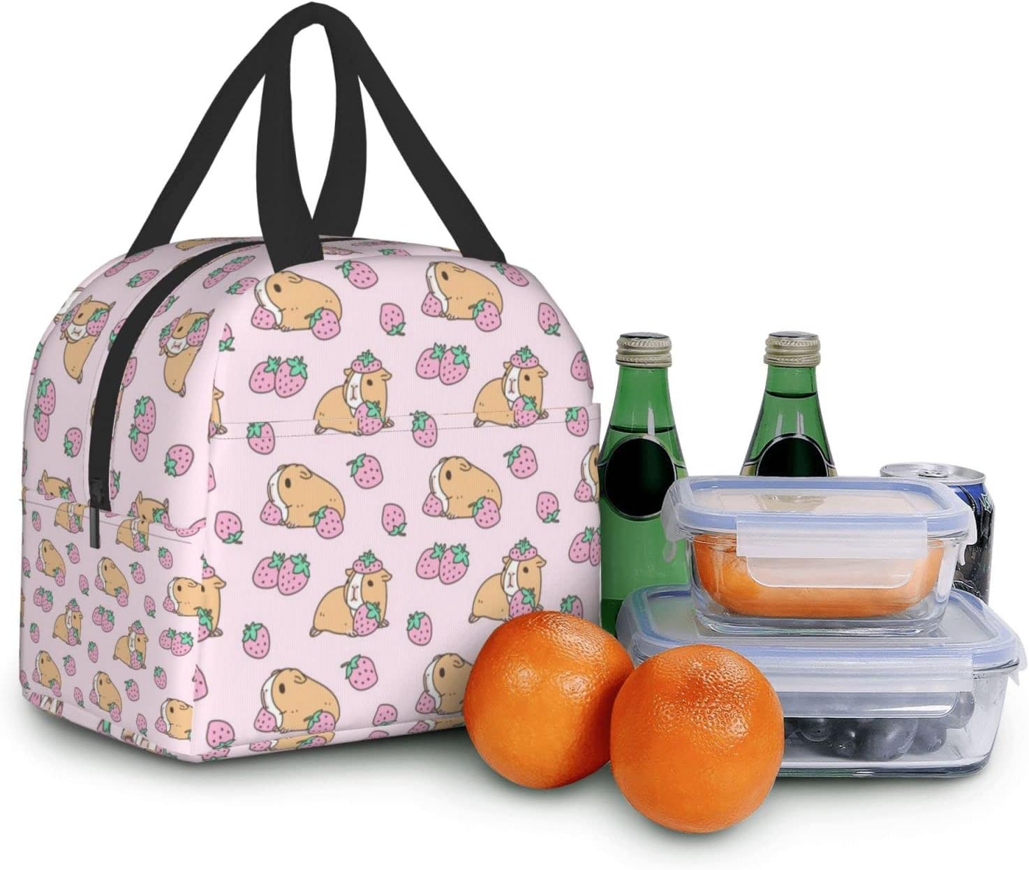 Caja de almuerzo con diseño de conejillo de indias rosa y fresa Bento bolsa de viaje picnic cajas de asas aisladas contenedor duradero bolsa de