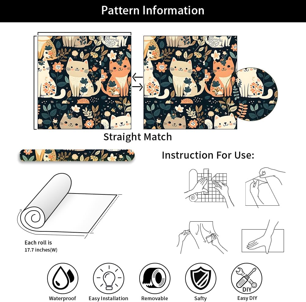 Papel tapiz autoadhesivo de 18 x 236 pulgadas, diseño de gatos lindos de dibujos animados, color marrón y verde azulado, papel de contacto extraíble