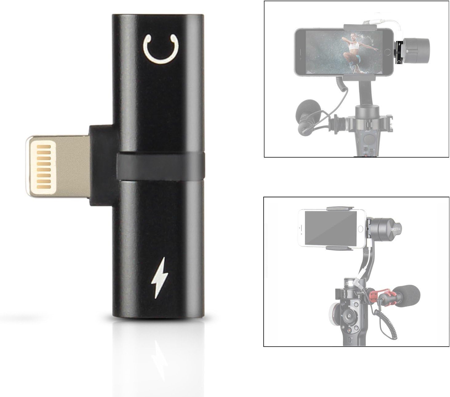 HolaFoto Adaptador 2 en 1, carga y adaptador de audio para auriculares, micrófono para Zhiyun Smooth 5S Smooth5 4 Q3 q2 q DJI Osmo Mobile 2 Feiyu