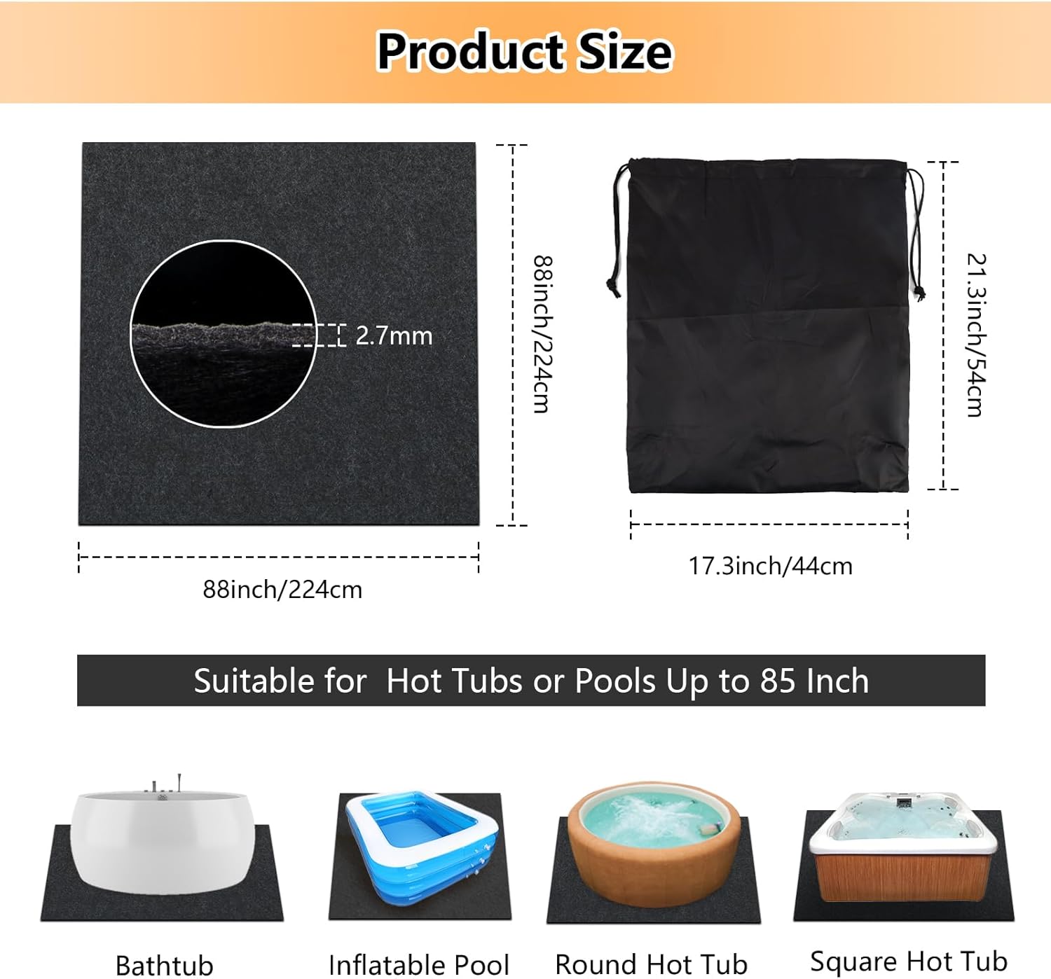 Aboofx Tapete para bañera de hidromasaje de 88 pulgadas para exteriores con bolsa de transporte, almohadilla cuadrada grande para bañera inflable