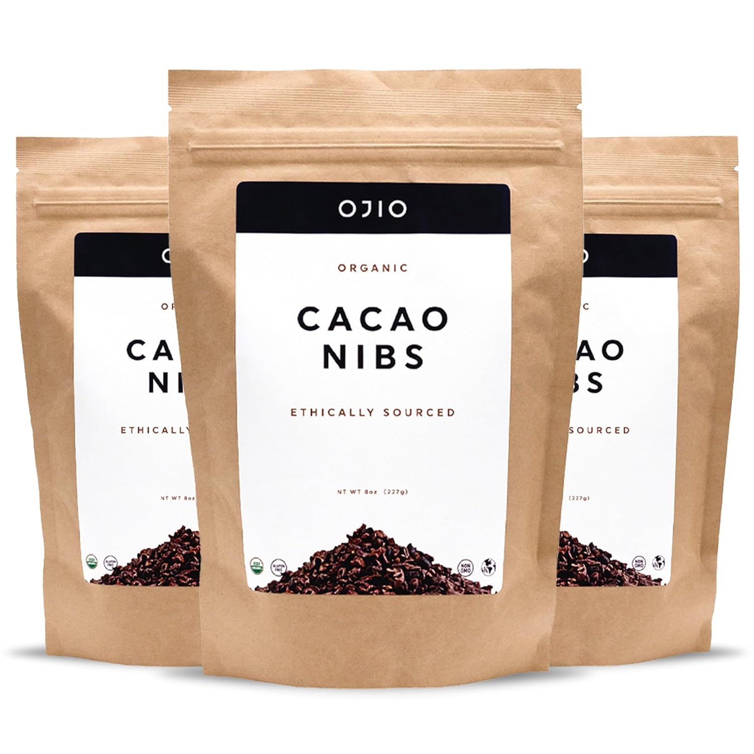 OJIO Plumas de cacao crudo orgánico  Paleo  Orgánico  Sin OMG  Kosher  Superalimento antioxidante antienvejecimiento  Sin gluten  8 onzas  Paquete