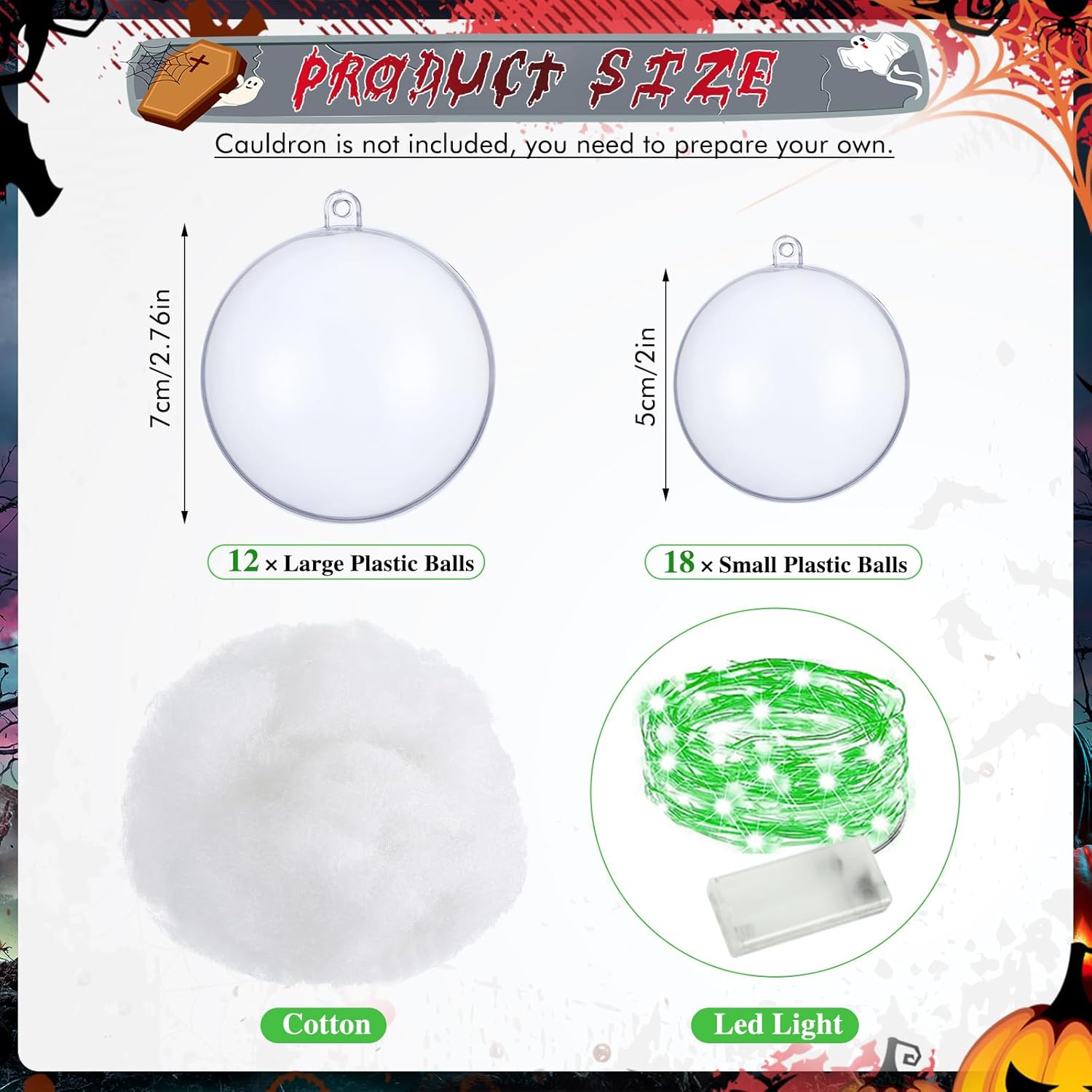 Juego de 33 piezas de caldero de burbujas de Halloween, 30 bolas de plástico transparente, cadena de puntos de pegamento de algodón ligero, puntos