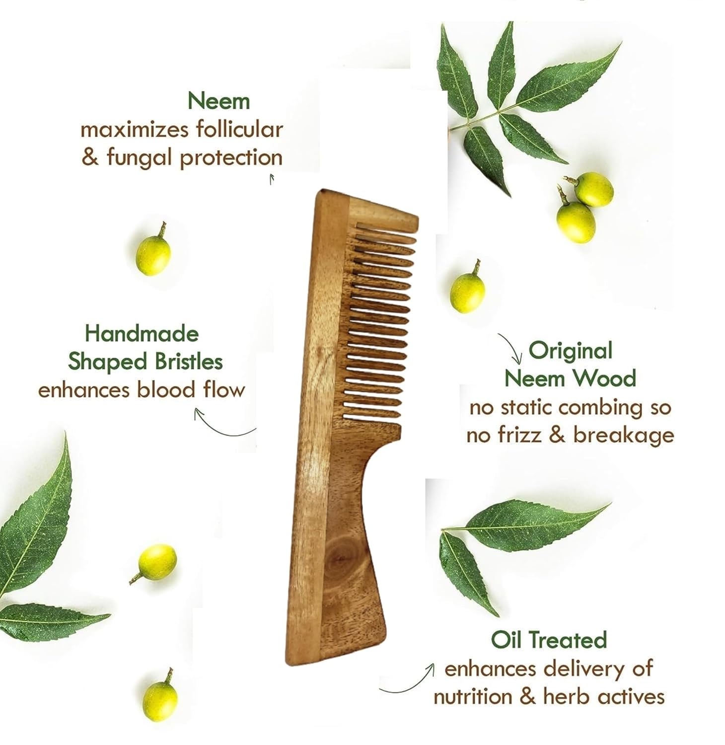 Peine de madera Neem 100% puro y natural que promueve el crecimiento del cabello, reduce la caída del cabello y controla la caspa de dientes anchos