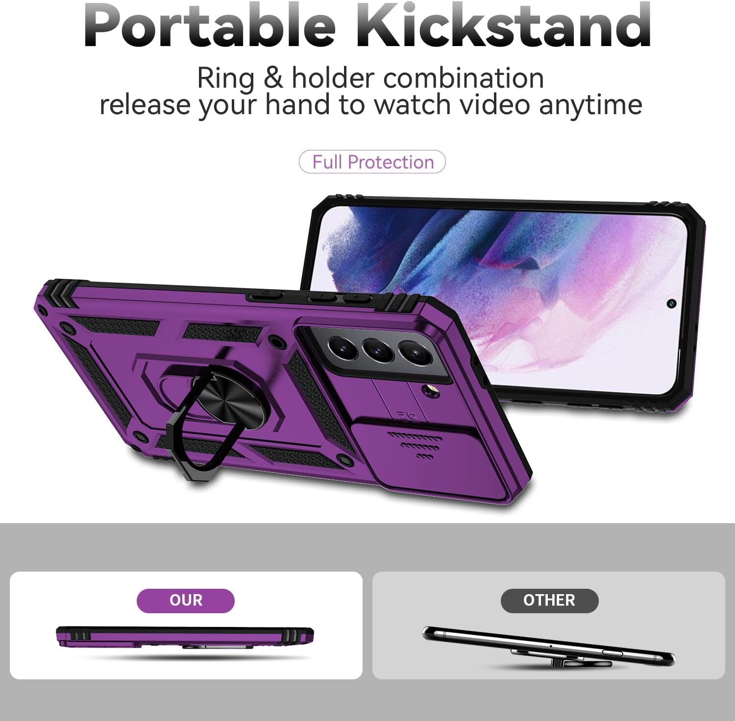 Funda para Samsung Galaxy S21 con funda deslizante para cámara y protector de pantalla de TPU flexible autorreparable 2 unidades, soporte de anillo