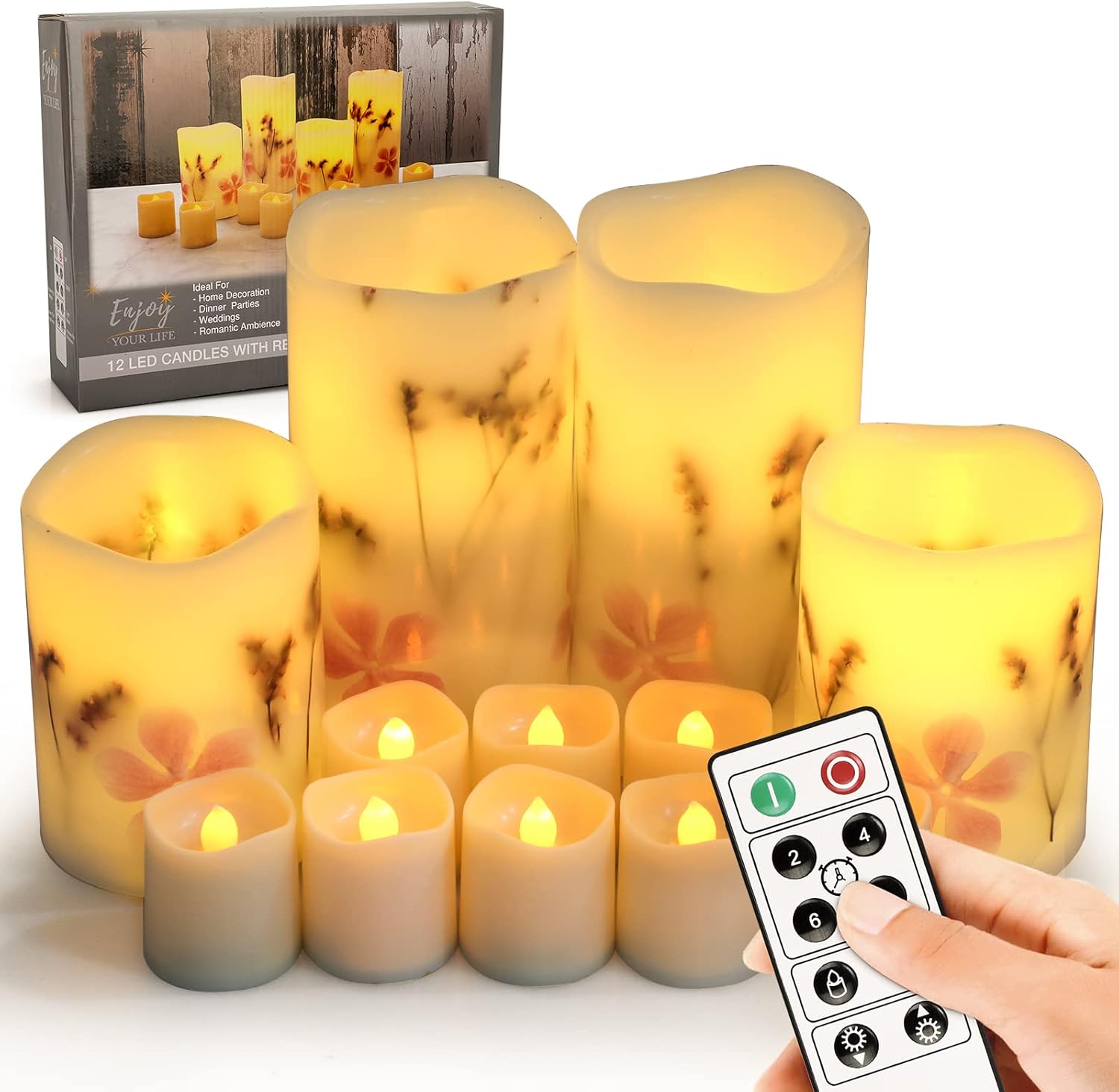 Velas sin llama con control remoto, paquete de 12 velas a pilas, velas parpadeantes sin llama con flores secas incrustadas, velas LED eléctricas de