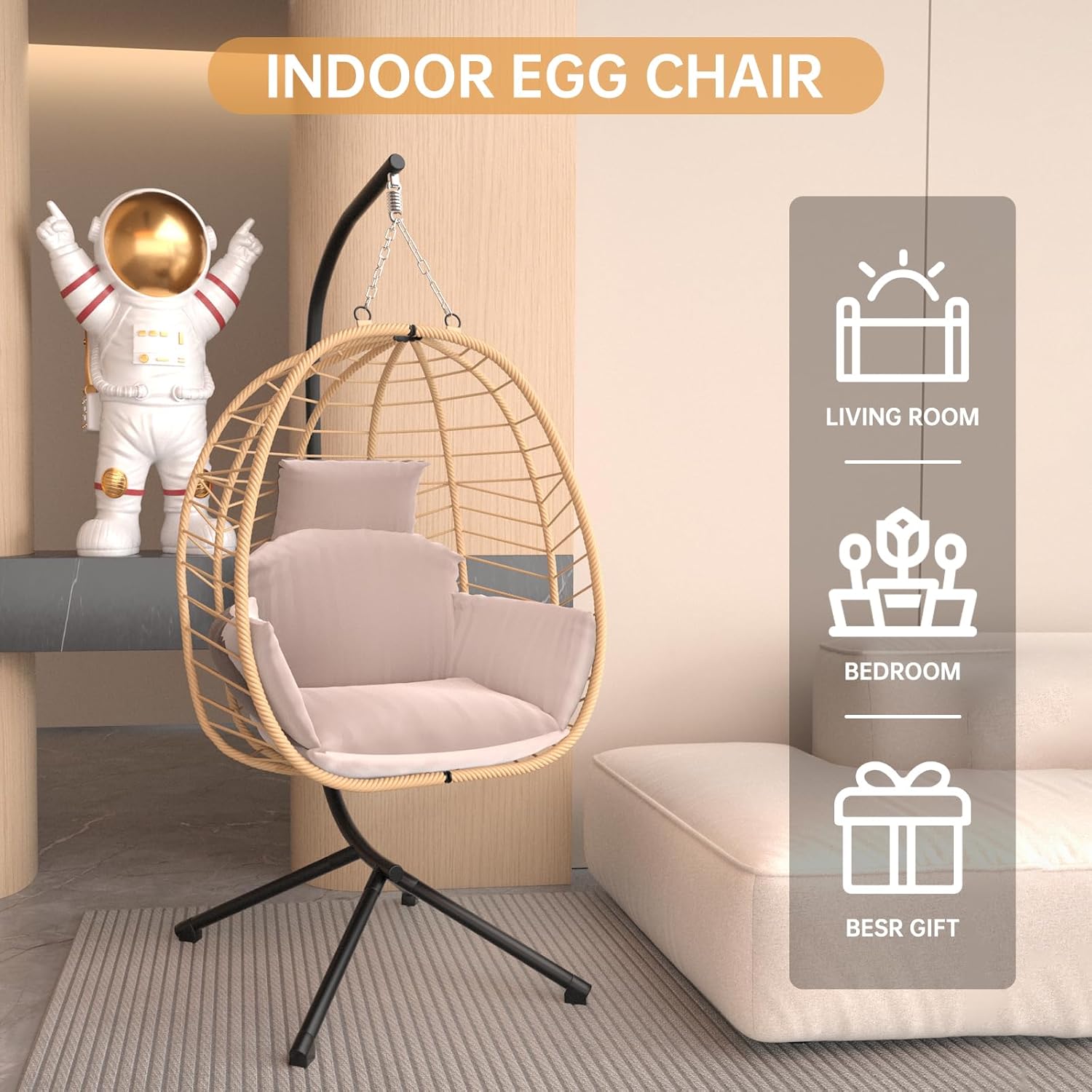 Silla colgante de huevo con soporte, hamaca de patio, silla oscilante, cesta de mimbre de ratán, altura ajustable, resistente a los rayos UV, uso en