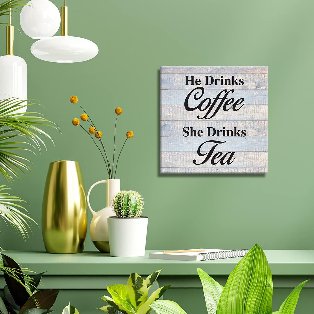 He Drinks Coffee She Drinks Tea Impresiones en lienzo para decoración de pared, letrero de escritorio para amantes del café, té, póster, pintura