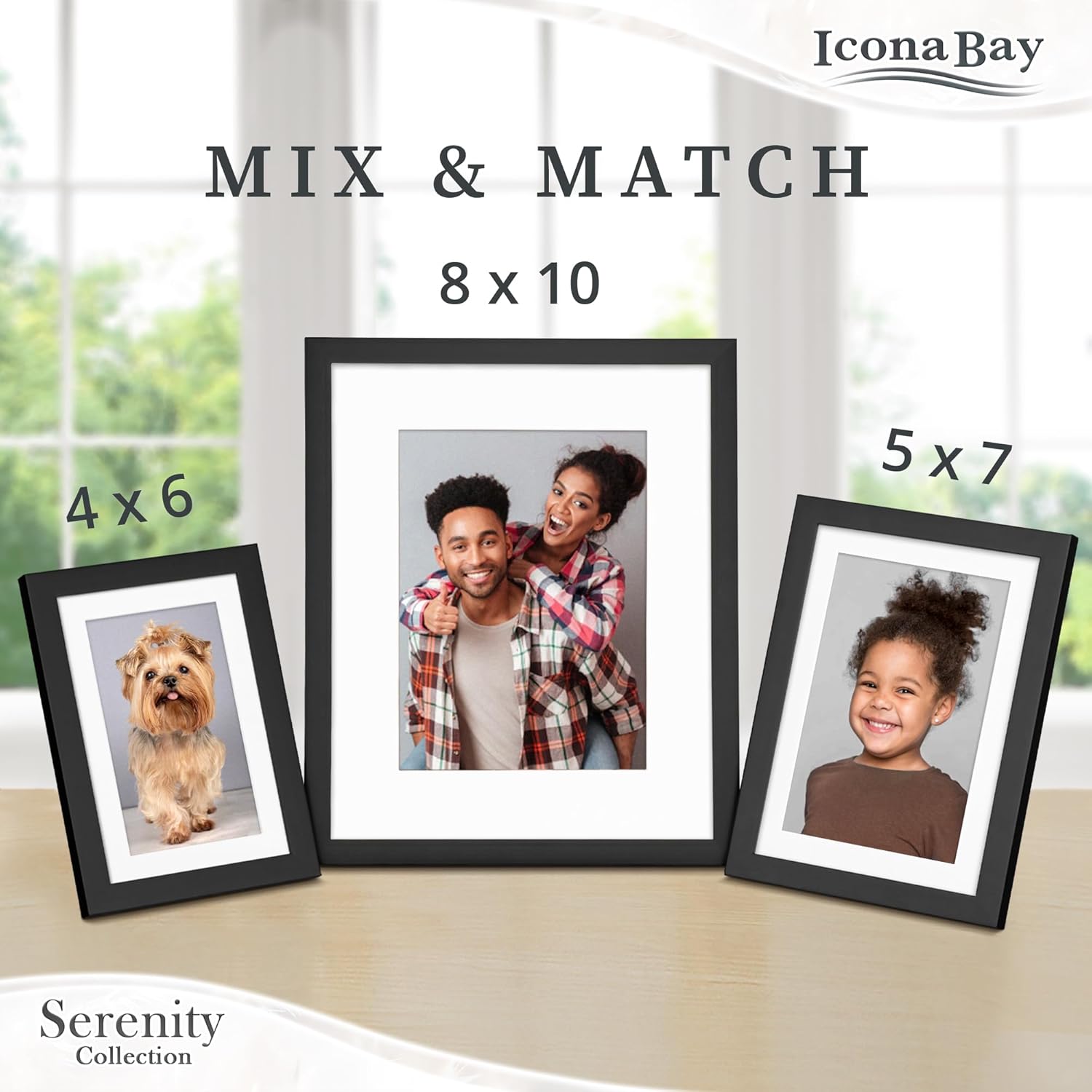 Icona Bay Serenity Collection – Portarretratos de 8 x 10 pulgadas con paspartú extraíble para fotos de 5 x 7 pulgadas (negro), elegante y moderno,